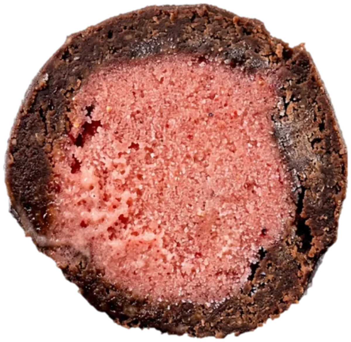 Ein aufgeschnittenes kü:gerl: außen Brownie-Teig, innen Erdbeer-Minz-Sorbet