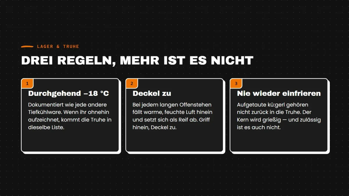 Drei Regeln: durchgehend minus 18 Grad, Deckel zu, aufgetaute kü:gerl nie wieder einfrieren